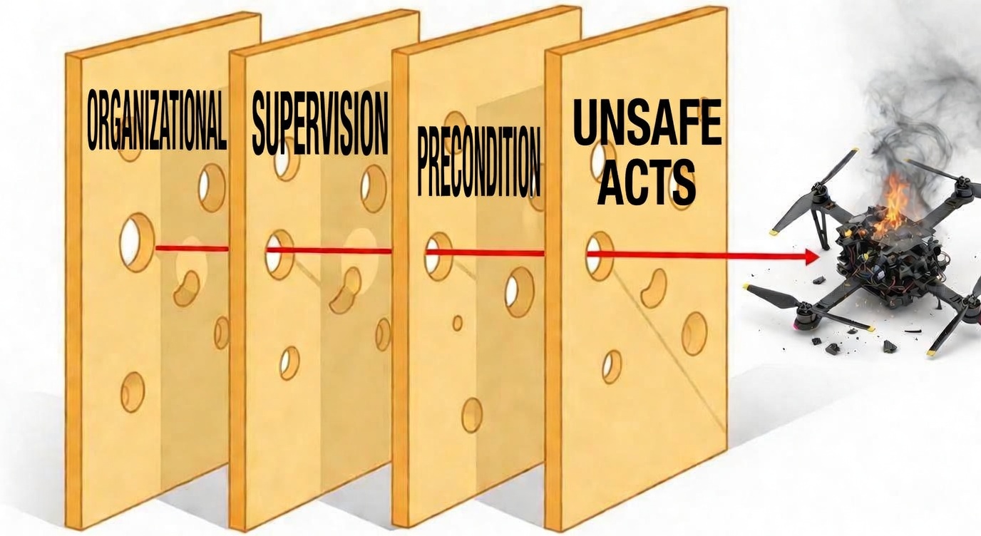 Swiss Cheese Model - four layers with aligned holes showing accident trajectory